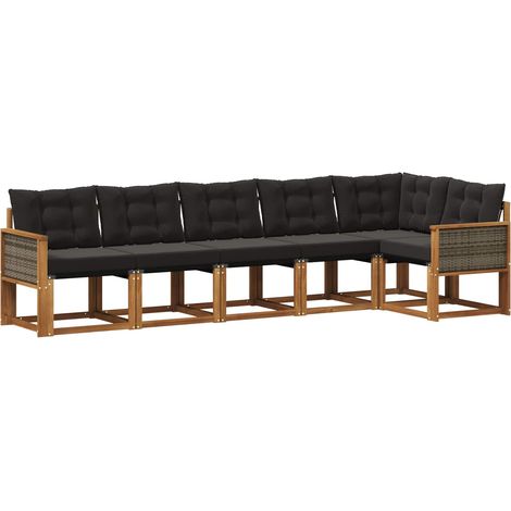 Set di divani da esterno con cuscino 6 pz Salotto da Giardino Naturale e Nero (1/5)