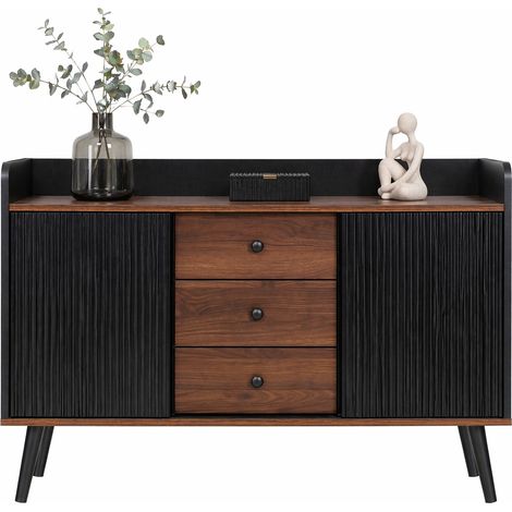 Sideboard con 3 cassetti, 2 ante scorrevoli rigate e ripiani interni, colore nero e legno, mobile salvaspazio per soggiorno, sala da pranzo e corridoio CHICFURN (1/5)