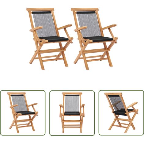 The Living Store Chaises pliables de jardin lot de 2 Bois teck solide et corde - Chaise De Jardin - Chaise Pliante - Mobilier De Jardin - Terrasse - Jardin (1/5)