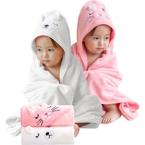 Serviette de bain bébé, lot de 2 serviettes à capuche pour nouveau-né, nourrisson et tout-petit, ultra-absorbantes et douces (ours blanc + chat rose) (1/5)