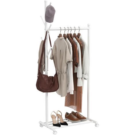 Portant vêtements roulant, porte-manteau mobile avec tringle, 5 crochets, étagère à chaussures blanc (1/5)