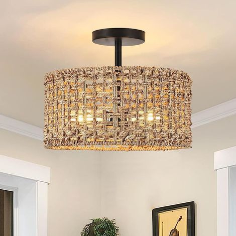 Plafonnier en rotin, lustre bohème, suspension avec ampoule, lustre de plafond de style Wabi-sabi, 3 températures de couleur (3000K-6000K) (1/5)