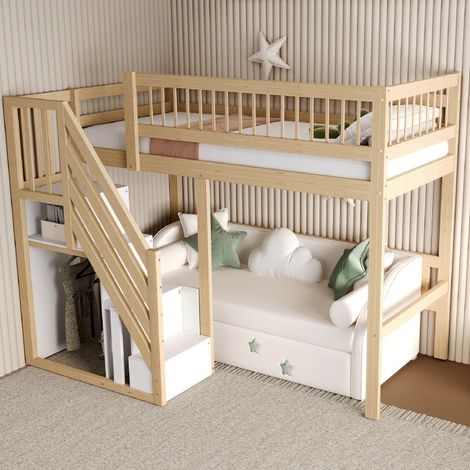 Lit Surélevé Enfant 90x200 Bois Massif avec Escalier Rangement - Cadre Robuste (1/5)
