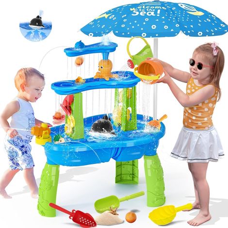 Table de Jeux de Sable et d’Eau avec Parasol et Pompe Électrique Circuit d’Eau Continu, Accessoires pour Jardin et Plage, Jouet d’Été pour Enfants dès 3 Ans (1/5)