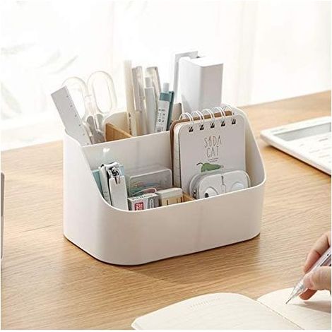 Caja organizadora de escritorio de bambú con 5 compartimentos, almacenamiento multifuncional para mandos a distancia, material de oficina, brochas de maquillaje, color blanco. (1/5)