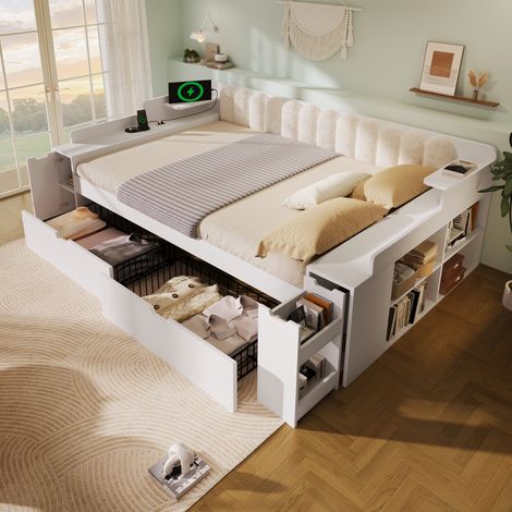 Lit Banquette 140x190 cm avec Rangement, Tiroirs, Lit Gigogne, USB/USB-C, Tête de Lit Capitonnée et Étagères Latérales - Bois - Blanc (Sans Matelas) (1/5)