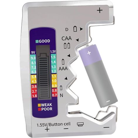 Comprobador de baterías con pantalla LCD - Comprobador universal  Comprobador digital de baterías para pilas AA, AAA, C, D, 9V, 1.5V y de botón - para uso doméstico (1/5)