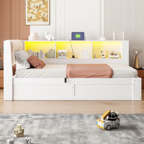 Lit de repos convertible à mécanisme hydraulique, 90x200 cm, banquette d'appoint sans matelas, sommier à lattes en pin blanc, éclairage LED réglable, rangement intégré, prise USB, meuble 2-en-1 (1/5)