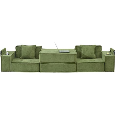 Modulares 2-Sitzer-Schlafsofa aus grünem Chenille mit 2 Kissen, Seitentaschen und Becherhaltern (1/5)