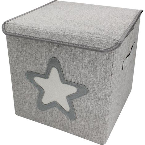 Boite de rangement, coffre à jouets pour enfant avec couvercle - 33 x 33 x 33 cm - Gris Étoile - Monsieur Bébé (1/4)