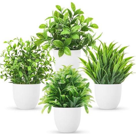 Lot de 4 petites plantes ornementales artificielles en pots, décoration élégante pour intérieur, bureau, étagère et table (1/5)