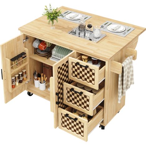 Îlot De Cuisine 120x75/45x92 Cm En Mdf Et Métal, Plateau Rabattable, Rangement Sur Roulettes (1/5)