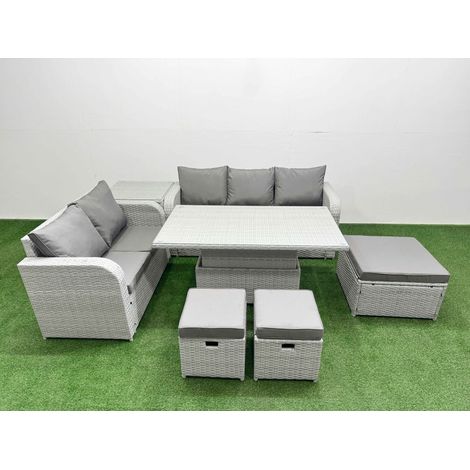 Fimous 8 Seater PE Rattan Wicker Garden Furniture Patio Conservatory Sofa Set with Adjustable Lifting Dining or Coffee Table 3 Seater Sofa Love Sofa 3 Stool Side Table (1/5)
