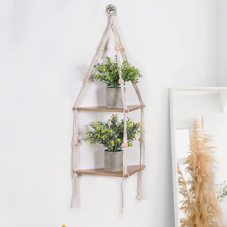 Estantería esquinera flotante blanca para pared - Soporte esquinero de tres niveles para plantas, decoración de pared, estilo bohemio campestre (1/4)