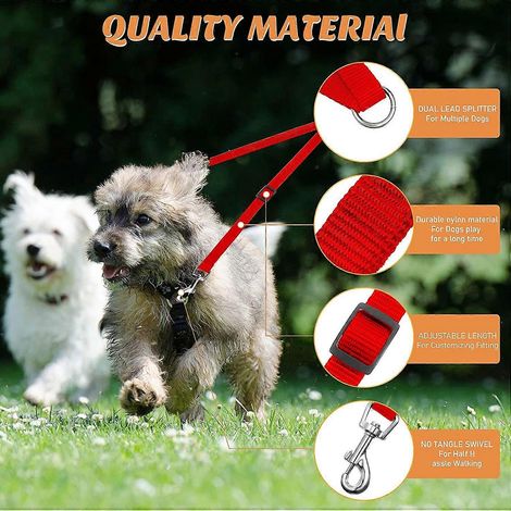 Laisse double réglable pour l'entraînement des animaux de compagnie, avec double séparateur et anti-nœuds, pour promener deux chiens (rouge) (1/4)