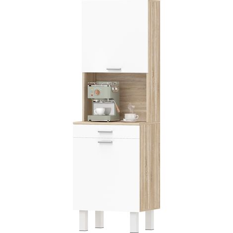 Buffet haut cuisine, armoire de cuisine avec 2 portes, tiroir et plan de travail, 55x40x174 cm, blanc et bois naturel