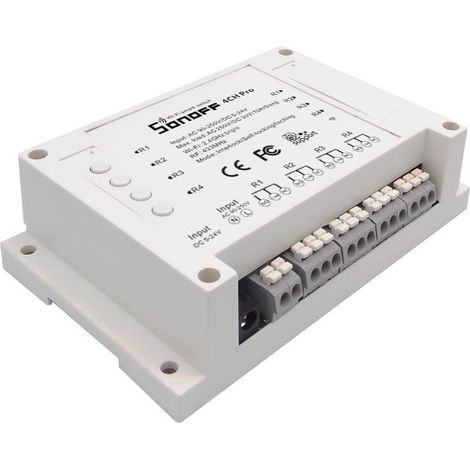 Interruttore wifi remoto Pro R3 a 4 canali Sonoff con uscite indipendenti ad interblocco AC 90-250V / DC 5-24V su guida DIN