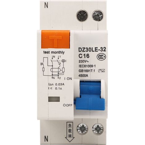 Disjoncteur différentiel DZ30LE-32 1P+N 16A 230V, interrupteur automatique modulaire, protection contre fuites de courant et surcharges, disjoncteur mini (1/5)