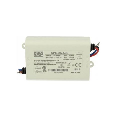 Led Driver CC MW MEAN WELL APC-35-500 Trasformatore 500mA 25V-70V DC 35W Corrente Costante IP42 (1/2)