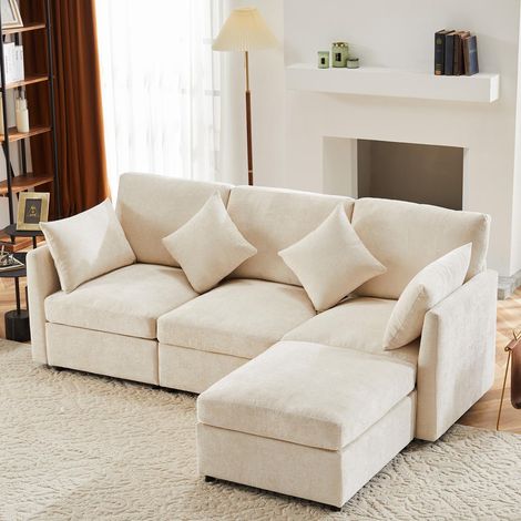 Divano angolare reversibile a 3 posti in tessuto ciniglia, moderno e confortevole divano a L per soggiorno, 216 x 161 x 81 cm, beige. (1/5)