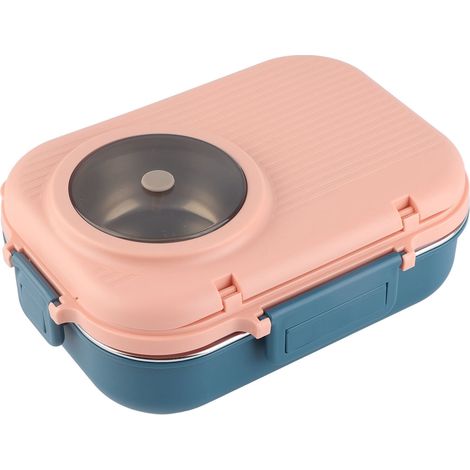 Isolierte Lunchbox 1100 ml, doppelwandig, 3 Fächer, aus Edelstahl 304, mit Essstäbchen, Löffel und rosa Suppenschüssel. (1/5)
