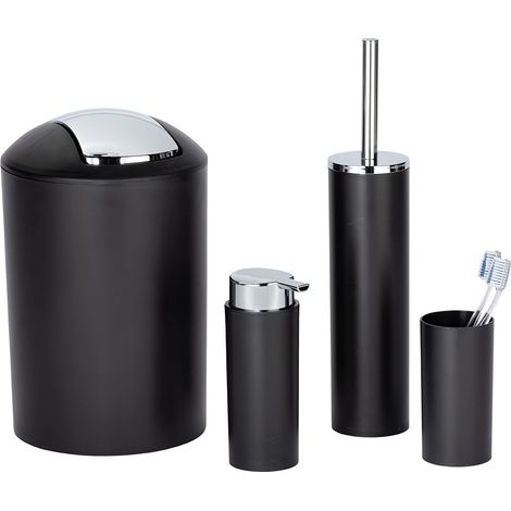 Set bagno toilette Calvo 4 pezzi con dosasapone, bicchiere portaspazzolino, scopino e cestino, nero con dettagli cromati