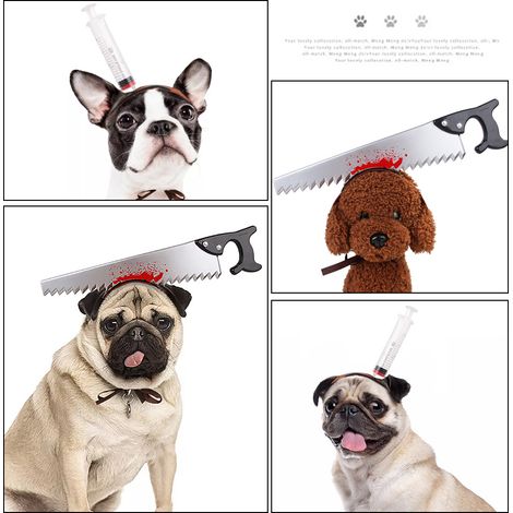 2 bandeaux d'Halloween pour chien ou chat, accessoire de déguisement zombie avec scie et seringue, feutre et plastique (1/5)