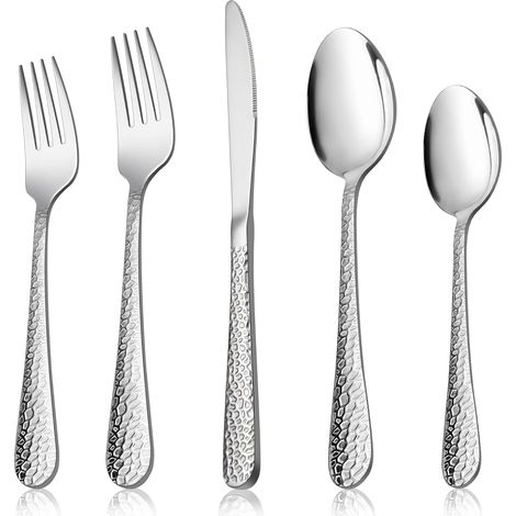 Lot de 60 couverts en acier inoxydable pour 12 personnes, avec couteau, fourchette, cuillère, élégante poignée de marteau argentée, couverts pour maison, fête, restaurant, passe au (1/5)