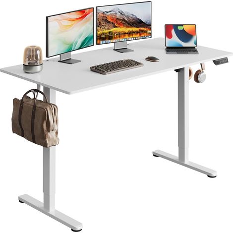 Bureau réglable DEVAISE 100x60 cm, plateau uni, moteur silencieux, 3 mémoires, blanc ergonomique pour bureau. (1/5)