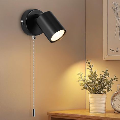 Applique Murale Intérieure GU10, Noir Applique LED Réglable Lumière Murale Avec Interrupteur à Tirette, Luminaire Mural Moderne Industrielle pour Chambre, Salon, Couloir, Sans Ampoule (1/5)