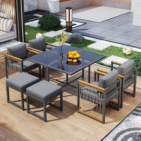 Salon de jardin Table à manger d’extérieur 7 pièces,Ensemble de chaises pour 6 personnes,Table en verre trempé,Mains courantes en bois d’acacia,Gris