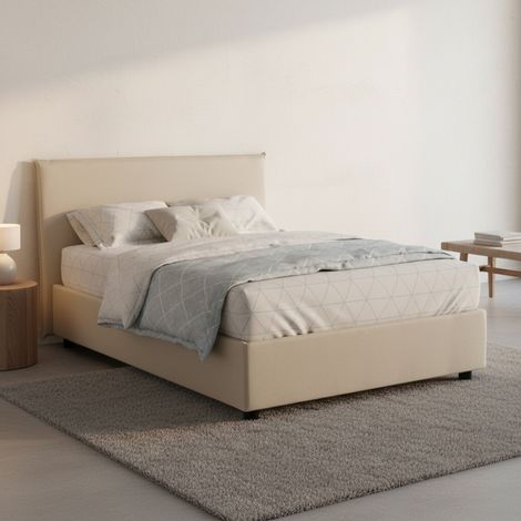 Dmora - Cama de plaza y media Daceva, Cama contenedor con revestimiento de tela, 100% Made in Italy, Apertura frontal, adecuado para colchón Cm 120x200, Beige (1/5)