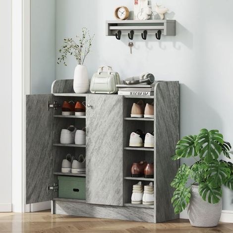 Meuble À Chaussures 83x30x90cm Gris 2 Portes 4 Casiers - Rangement Chaussures - 12 Paires, Gain de Place, Anti-bascule (1/5)