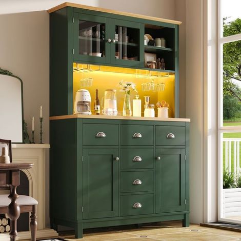 Vitrine salle à manger 100x40x180, 4 portes Buffet cuisine, style campagne, éclairage LED intégré, rangement bouteilles (1/5)