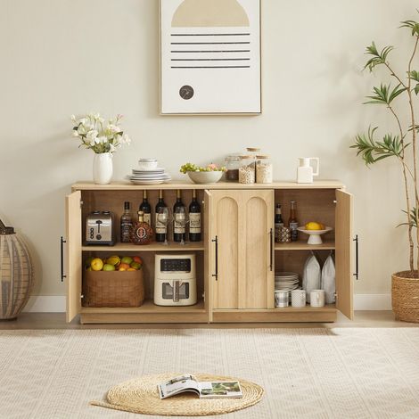 Buffet bas de rangement, Meuble de séjour enfilade pour salon et salle à manger, MDF design avec façade arquée et 4 portes charnières amorties, Chêne (1/5)