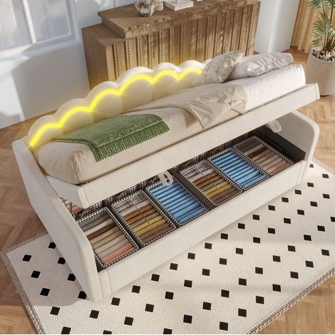Cama Baúl 90x200 Cm Estructura Elevación Hidráulica Terciopelo Beige (1/5)