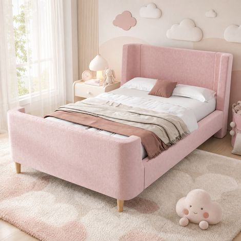 Kinderbett 90x200 cm Rosa aus Samt mit Schlitten-Design und Cartoon-Weltraummotiv