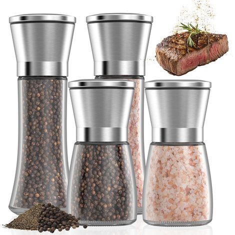 Lot de 4 Moulin a poivre,Noyau de Broyage en Céramique,Salieres et Poivrieres,Moulin à Sel Verre et Inox,Poivrier Réglable Manuel pour Maison,Cuisine(Sans épices) (1/5)