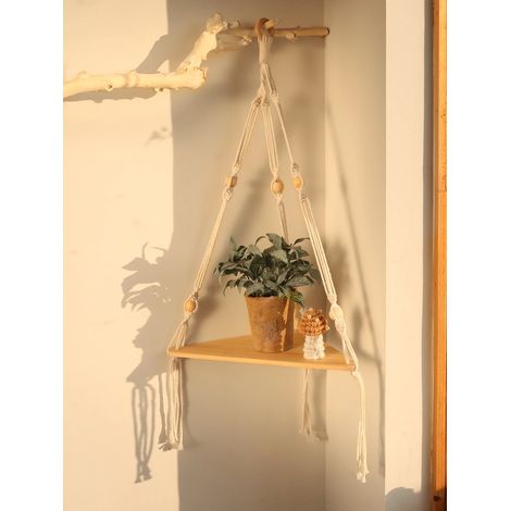 (Étagère d'angle M0855) Étagère d'angle murale en bois, support de rangement pour pots, étagère flottante en macramé, organisateur mural, style bohème, décoration nordique pour la maison (1/5)
