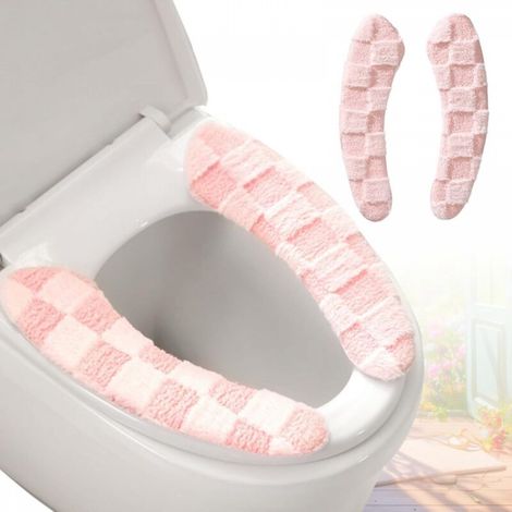 1 paire Housse de siège de toilette épaisse et chaude en peluche – Coussin lavable et réutilisable avec motif à carreaux (rose) (1/5)