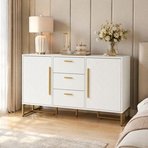 FLORAGRACE Buffet bas 145 x 40 x 75 cm en MDF blanc élégant avec motif chevron, 2 portes, 3 tiroirs, meuble de rangement (1/5)