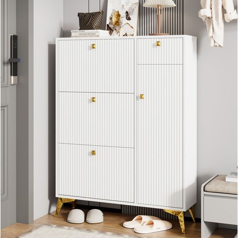 Mueble zapatero estrecho de 3 abattants, 1 cajón y 1 puerta, blanco, 90 x 25 x 121 cm DESVIAE (1/5)