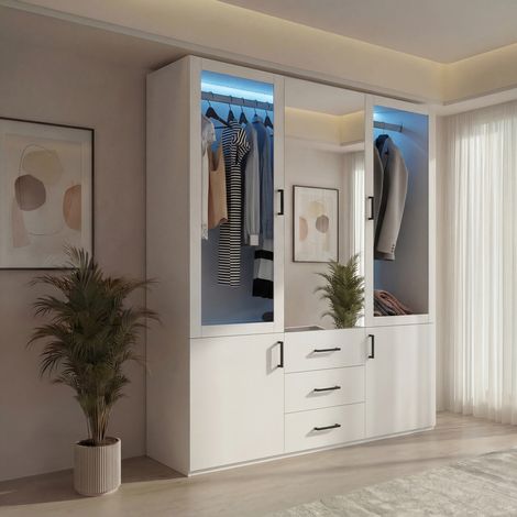 Armoire Chambre Adulte avec éclairage LED,Armoire 4 Portes et 3 tiroirs Armoire 180 cm Meuble de Rangement avec Miroir Armoire de Rangement Chambre (1/5)