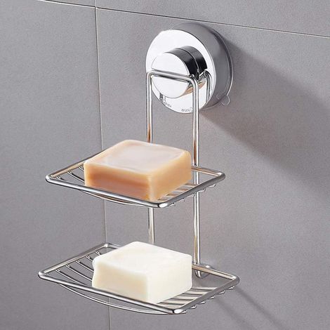 Jabonera doble, acero inoxidable, ventosa de ABS, superficie lisa, baño (1/5)