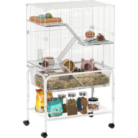 Gabbia piccoli animali 4 livelli con ruote, vassoio profondo, rampe, piattaforme, mangiatoia, 73x47x123 cm, bianca