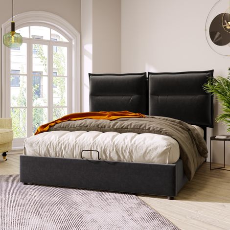 Letto matrimoniale moderno 140x200 cm in velluto nero con testiera regolabile, rete a doghe e vano contenitore idraulico (1/5)