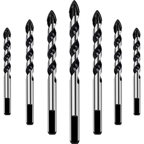 Set de 7 forets béton pour perceuse – Diamètres 3 à 12mm – Pointe en carbure de tungstène – Conception de fente en U pour dépoussiérage rapide