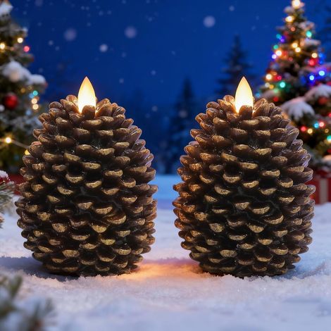 Bougies LED en forme de pomme de pin avec minuteur, bougies sans flamme fonctionnant à piles en cire non parfumée en pomme de pin marron - Lot de 2 pour décoration de Noël, fête à domicile (1/5)