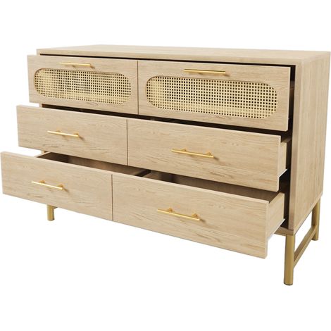 Buffet en rotin avec 6 tiroirs, bois Sonoma chêne, poignées métal, 120 x 40 x 74 cm (1/5)