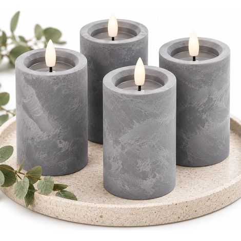 Relaxdays LED Kerzen, 4er Set, flackernde Flamme, Timer, Betonoptik, flammenlose Stumpenkerzen, HxD: 12,5 x 7,5 cm, grau (1/5)